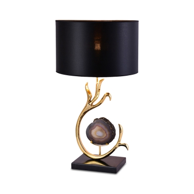 Black Drum Nightstand Lighting Minimalist 1 Bulb Fabric Night Table Lamp with Agate Decor and Metal Curved Arm