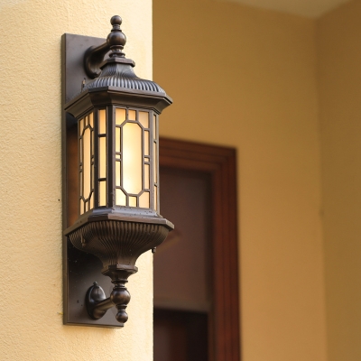 Black Lantern Wall Light Sconce Rustic Frosted Glass 1-Head Outdoor Wall Mount Lamp