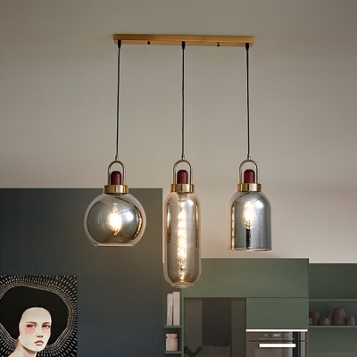 Contemporary 3-Light Multi Light Pendant Brass Globe and Capsule Ceiling Suspension Lamp with Smoke Gray Glass Shade