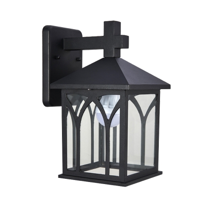 Cuboid Clear Glass Sconce Lighting Lodges 1-Light Outdoor Wall Mounted Lamp in Black