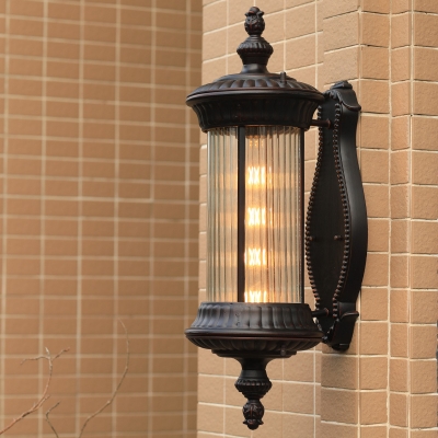 Cylinder Outdoor Sconce Lighting Farmhouse Clear Ribbed Glass 1 Light Black Finish Wall Lamp