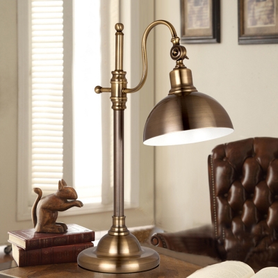 Dome Metal Table Lighting Antiqued Study Room LED Reading Lamp in Gold with Gooseneck Arm