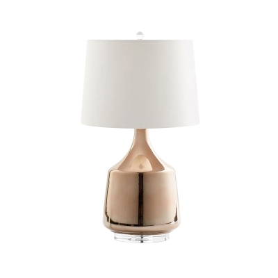 Drum Fabric Desk Light Minimalism 1 Bulb White Nightstand Lighting with Ceramic Base for Bedroom