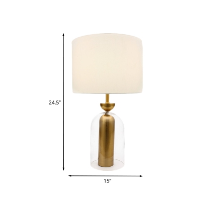 Drum Night Light Modernism Fabric 1-Head Bedroom Table Lighting in White with Clear Glass Base