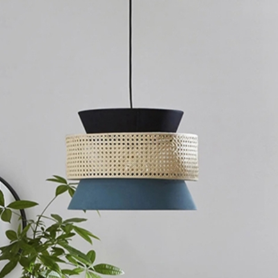 Fabric Hourglass Pendant Light Fixture Modernism 1 Head Hanging Lamp Kit in Black and Blue with Drum Rattan Detail