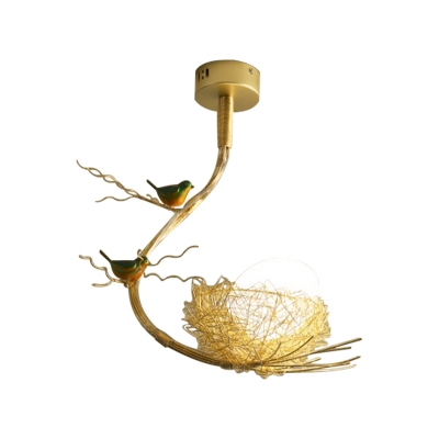 Frosted Glass Oval Ceiling Light with Nest and Bird Art Deco 1 Light Foyer Pendant Light in Gold