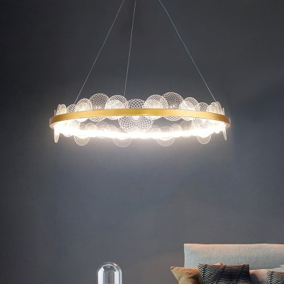LED Living Room Hanging Chandelier Modernism Gold Ring Suspension Light with Round Panel Textured Acrylic Shade in White/Warm Light