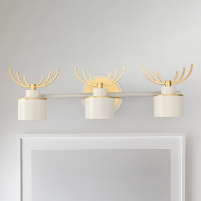 Metal Drum Wall Mounted Light Contemporary 3 Heads White Linear Sconce Lamp with Antler Deco