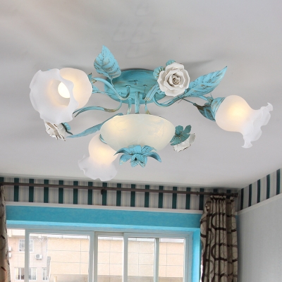Opal Glass Blue Ceiling Light Flower 5/7/11 Bulbs Romantic Pastoral Semi Flush Mount Lighting for Bedroom