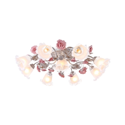 White Glass Starburst Semi Flush Light Countryside 4/6/7 Lights Bedroom Flush Mount with Pink Rose Decor