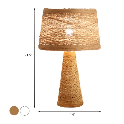 White/Tan Finish Barrel Reading Lamp Asian 1-Head Rattan Night Table Lighting for Study Room