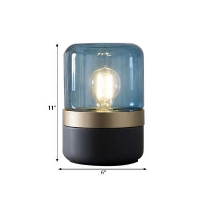 Blue Glass Cylinder Nightstand Light Modern 1 Head Night Table Lamp with Metal Base for Bedroom