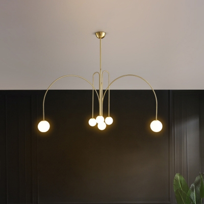 Brass Orb LED Suspension Light Postmodern 6 Lights Opal Frosted Glass Pendant Chandelier with Arc Arm