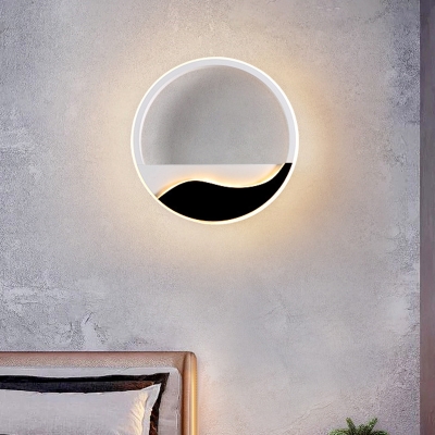 Circle Sconce Light Fixture Minimalist Acrylic Black and White LED Wall Lamp with Wavy Design for Bedroom in Warm/White Light