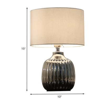 Drum Shaped Table Lamp Simplicity Fabric 1 Head White Desk Light with Metal Prismatic Base for Bedroom