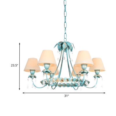 Fabric Blue Chandelier Pendant Light Tapered 3/6-Head Countryside Drop Lamp with Clear Glass Drop
