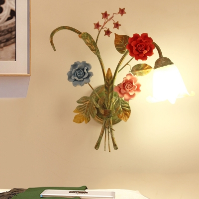 Green 1/2-Head Wall Sconce Light Romantic Pastoral Opal Glass Floral Wall Mounted Lamp for Bedroom