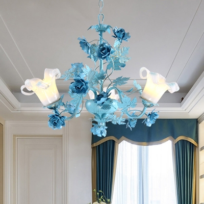 Ivory Glass Blue Chandelier Lamp Blossom 3/6 Heads Korean Garden Down Lighting Pendant for Living Room