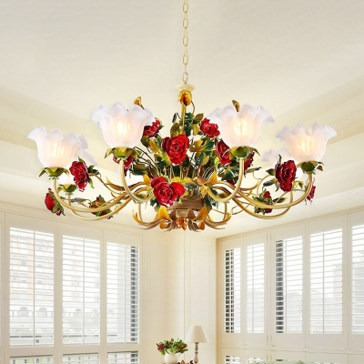 Light Tan 6/8-Bulb Hanging Chandelier Korean Flower Metal Curved Arm Pendant with Scalloped White Glass Shade