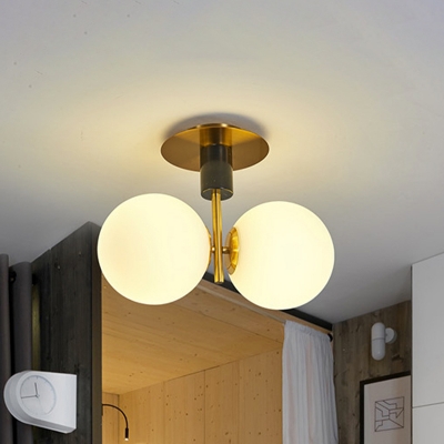 Milk Glass Global Ceiling Mounted Light Modernist 1/2 Bulbs Gold Flush Mount Lamp for Corridor