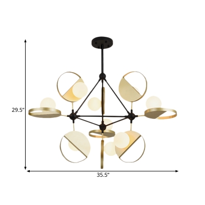 Opal Glass Orb Semi Flush Mount Modernism 9-Light Ceiling Mounted Fixture in Black and Gold with Vertical Design