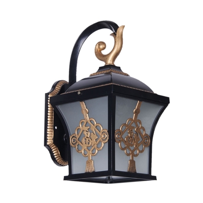 Open Bottom Metallic Sconce Light Lodges Opal Glass 1-Bulb Black/Black and Gold Wall Mount with Lucky Character