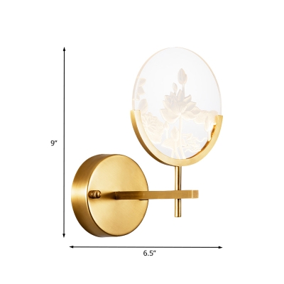 Round Panel Acrylic Sconce Light Post Modern LED Gold Wall Mount Lamp with Lotus Pattern in White/Warm Light