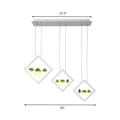 3-Rhombus Dining Room Ceiling Light Acrylic LED Contemporary Cluster Pendant Lamp in White with Plant Deco, Warm/White Light