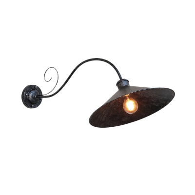 Flared Metal Sconce Light Fixture Rustic 1 Light Outdoor Wall Lamp in Black/Black and White with Curved Arm