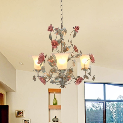 Metal Curvy Arm Chandelier Lighting Pastoral 3/5/6 Lights Living Room Pendant in Blue and Green with Opal Glass Shade