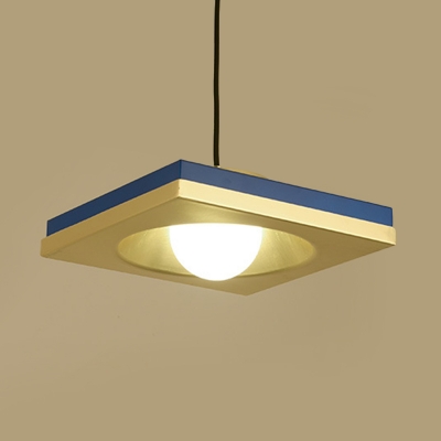 Metallic Square Hanging Pendant Light Minimal 1 Head Blue Finish Suspension Lamp for Living Room