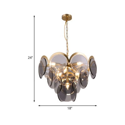Post-Modern 7-Bulb Hanging Ceiling Light Brass Round Panel Chandelier Lamp with Smoke Gray Glass Shade