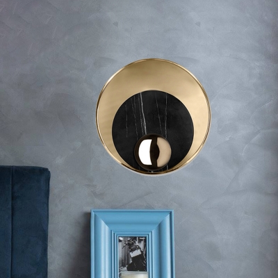 White/Black Round Flush Wall Sconce Modernist 1 Bulb Marble LED Wall Mount Light with Gold Metal Backplate
