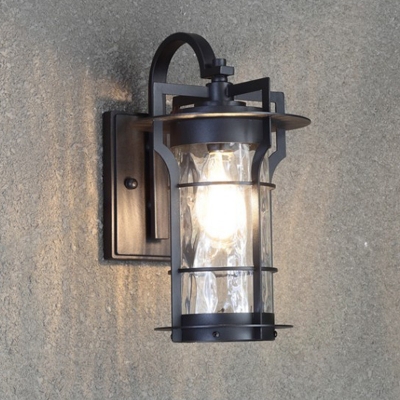 1 Light Cylinder Wall Light Sconce Countryside Black Finish Clear Water Glass Wall Mount