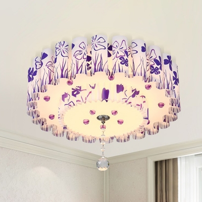 Acrylic Tiered Flush Mount Lighting Pastoral LED Bedroom Ceiling Light Fixture in Pink/Purple with Crystal Ball