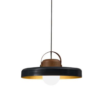 Black Flat Barn Pendant Light Fixture Modern Nordic 1-Bulb Metal Hanging Ceiling Lamp with Wood Handle