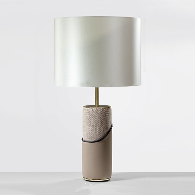 Fabric Cylinder Night Light Postmodern 1-Bulb White Table Lamp with Leather Base for Bedroom