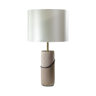 Fabric Cylinder Night Light Postmodern 1-Bulb White Table Lamp with Leather Base for Bedroom