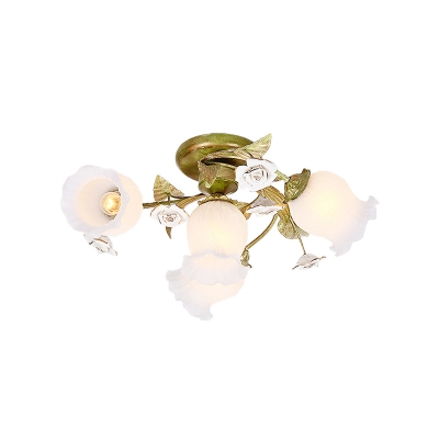 Green Spiral Semi-Flush Ceiling Light Korean Flower Milk Glass 4/7/9 Bulbs Dining Room Flush Mount Lamp