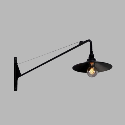 Industrial Wide Flared Sconce 1 Bulb Iron Wall Mount in Black with Long Arm for Corridor