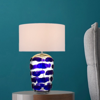 Luxury Cylindrical Fabric Table Lamp 1 Head Night Lighting with Blue/Yellow Glaze Base for Living Room