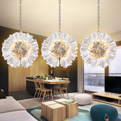 Minimal Flower Clear Glass Pendant Chandelier 19 Heads Hanging Light Fixture in White for Bedroom