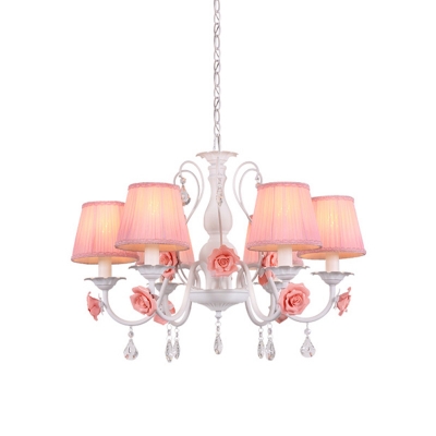Pink Conical Pendant Light Fixture Korean Flower Fabric 3/6/8-Light Dining Room Chandelier Lamp with Dangling Crysta