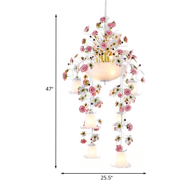 White Glass Bowl Pendant Chandelier Korean Garden 10 Lights Balcony Ceiling Light with Pink Flower