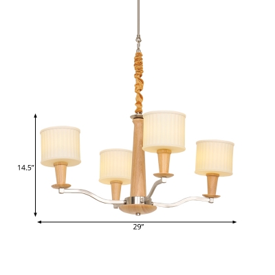 4 Bulbs Dining Room Chandelier Lamp Modern Beige Wood Pendant Light with Cylinder Cream Glass Shade