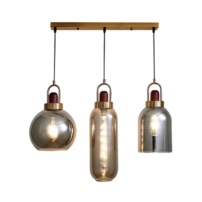 Contemporary 3-Light Multi Light Pendant Brass Globe and Capsule Ceiling Suspension Lamp with Smoke Gray Glass Shade