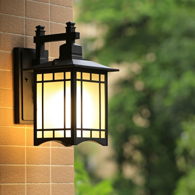 Cuboid Outdoor Wall Sconce Lamp Countryside White Frosted Glass 1 Bulb Black Wall Lighting