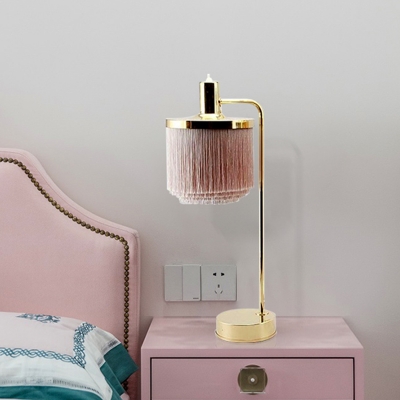 Fabric Tassel Night Lighting Postmodern 1 Head Pink Desk Lamp with Metal Straight Arm