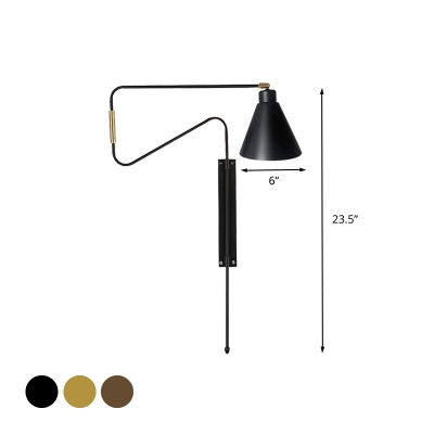 Iron Cone Sconce Lighting Industrial 1-Head Living Room Adjustable Wall Mounted Lamp with Black/Gold/Coffee Backplate and Long Arm