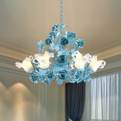 Ivory Glass Blue Chandelier Lamp Blossom 3/6 Heads Korean Garden Down Lighting Pendant for Living Room